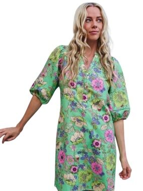 ESQUALO Puff Sleeve Dress In Resort Island Print Size 10